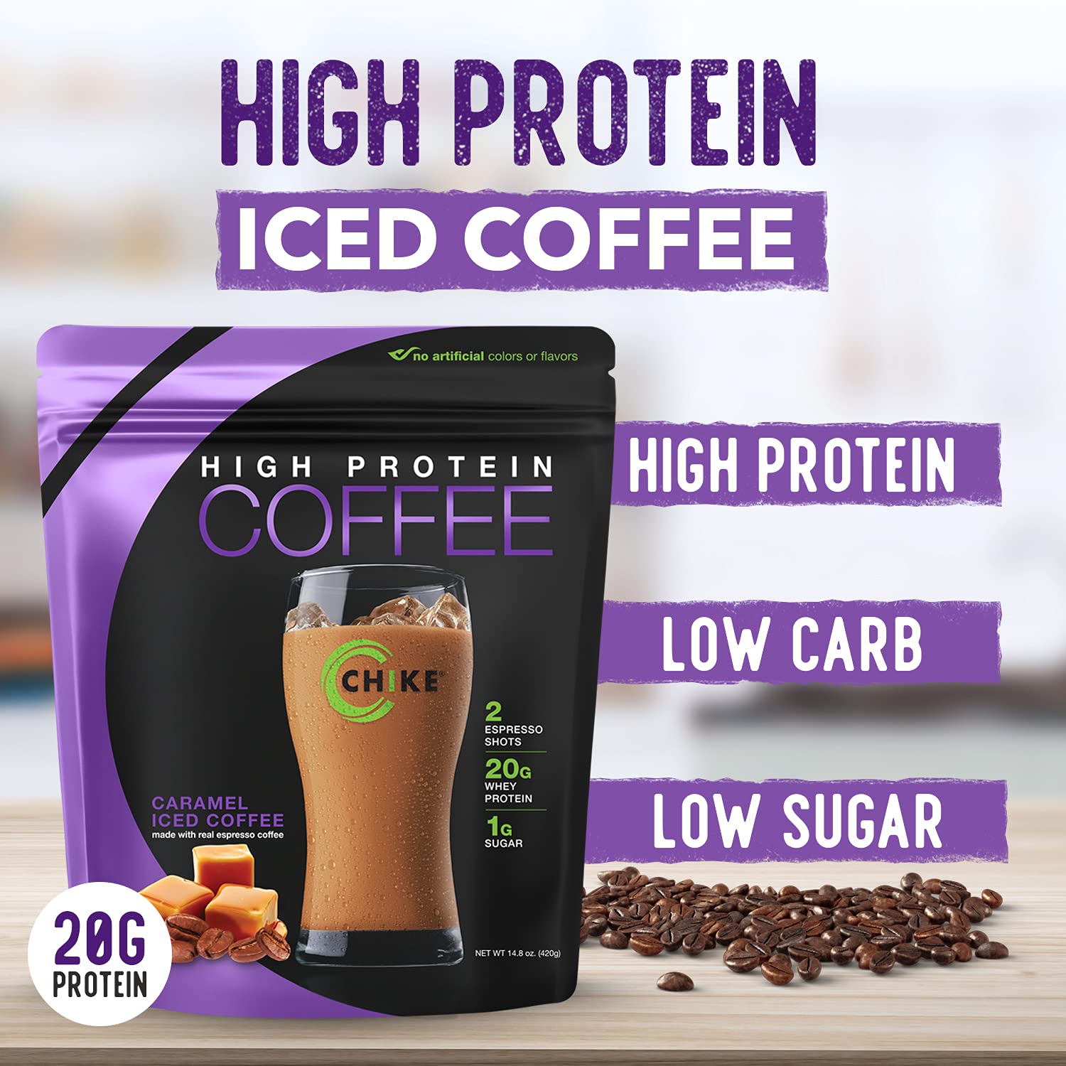 Ready-to-drink CHIKE Caramel High Protein Coffee being poured into a cup