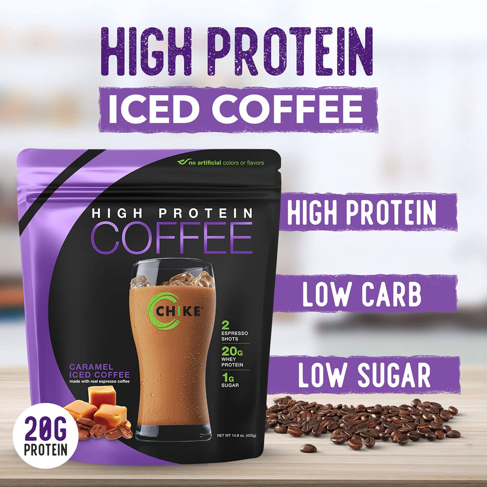 Ready-to-drink CHIKE Caramel High Protein Coffee being poured into a cup