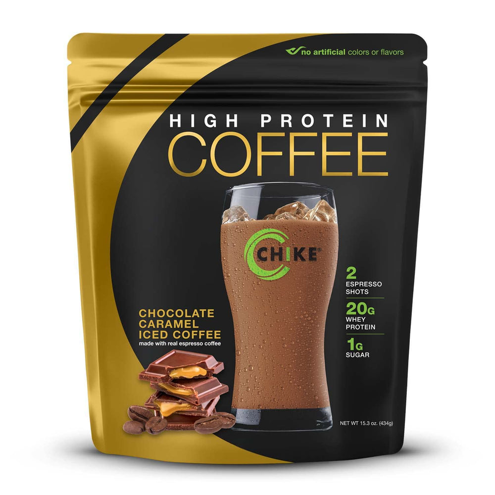 CHIKE Chocolate Caramel Iced Coffee bottle with real espresso boosts morning energy and protein.