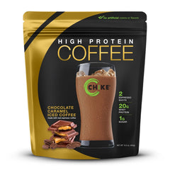 CHIKE Chocolate Caramel Iced Coffee bottle with real espresso boosts morning energy and protein.