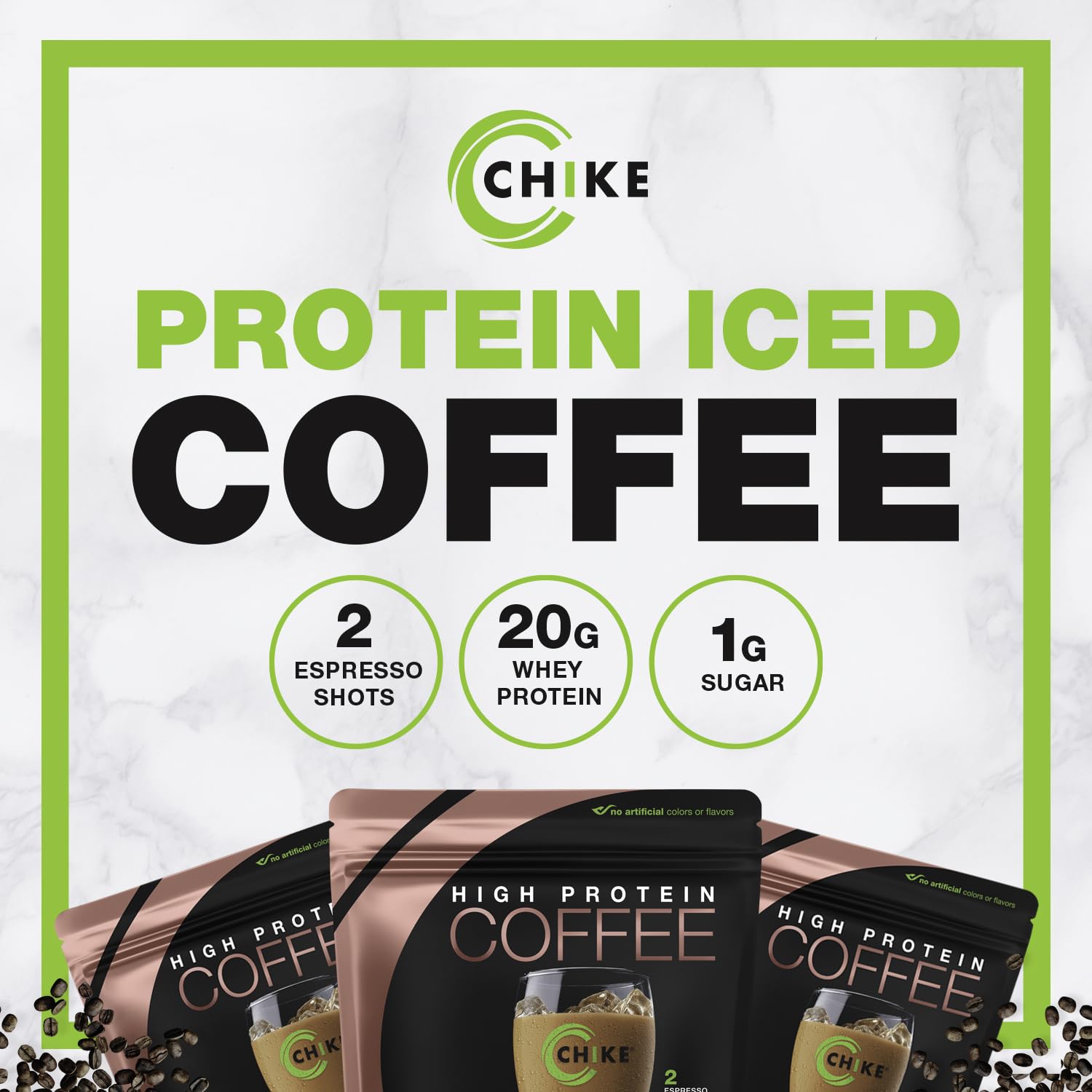 CHIKE Cinnamon High-Protein Iced Coffee label showing 20g protein per serving.