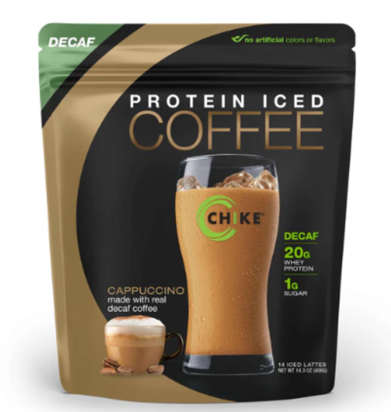 CHIKE Decaf Cappuccino Protein Coffee can; smooth decaf blend for daily protein.