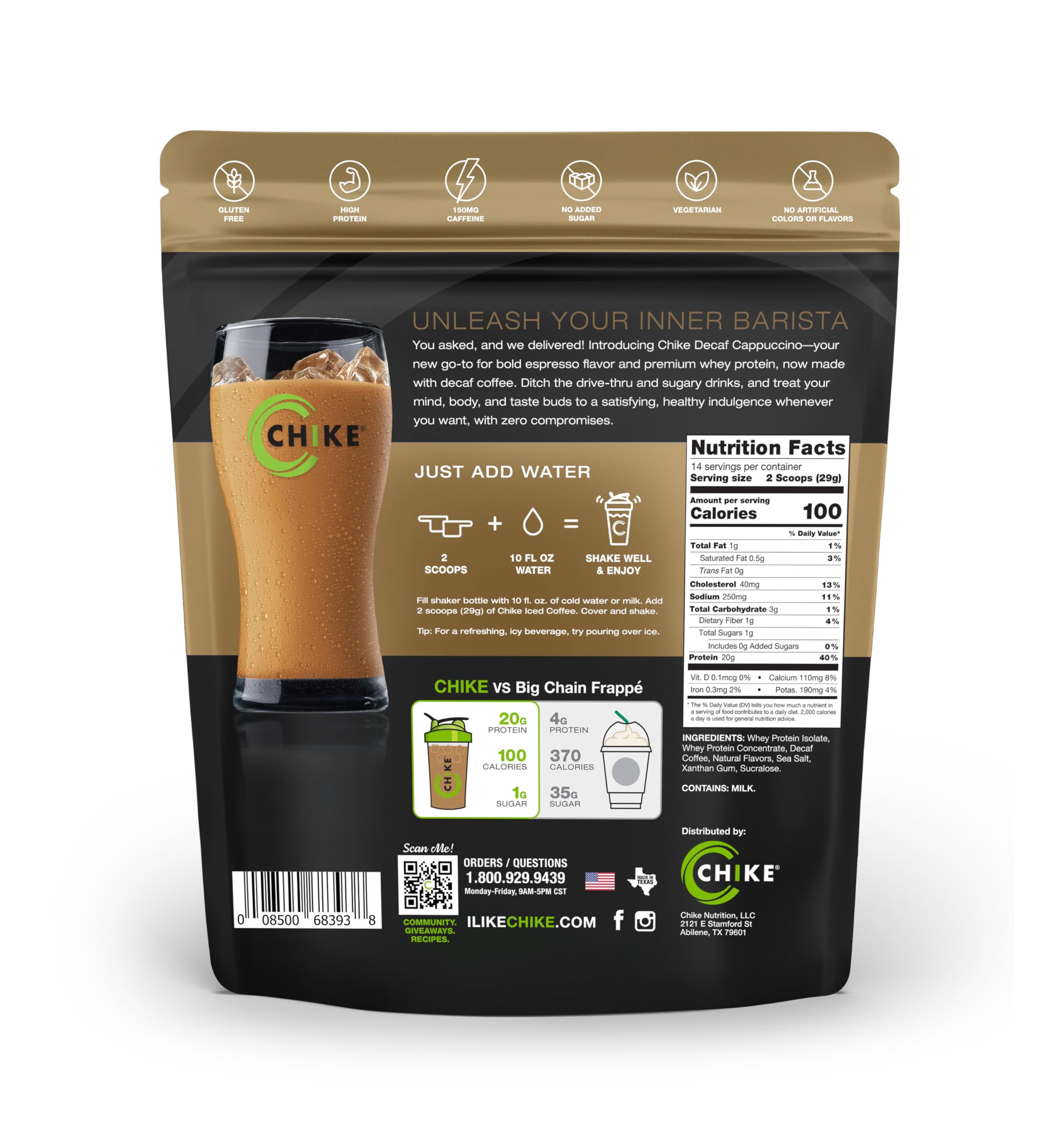 CHIKE Decaf Cappuccino Protein Coffee foam closeup highlights creamy texture and flavor.