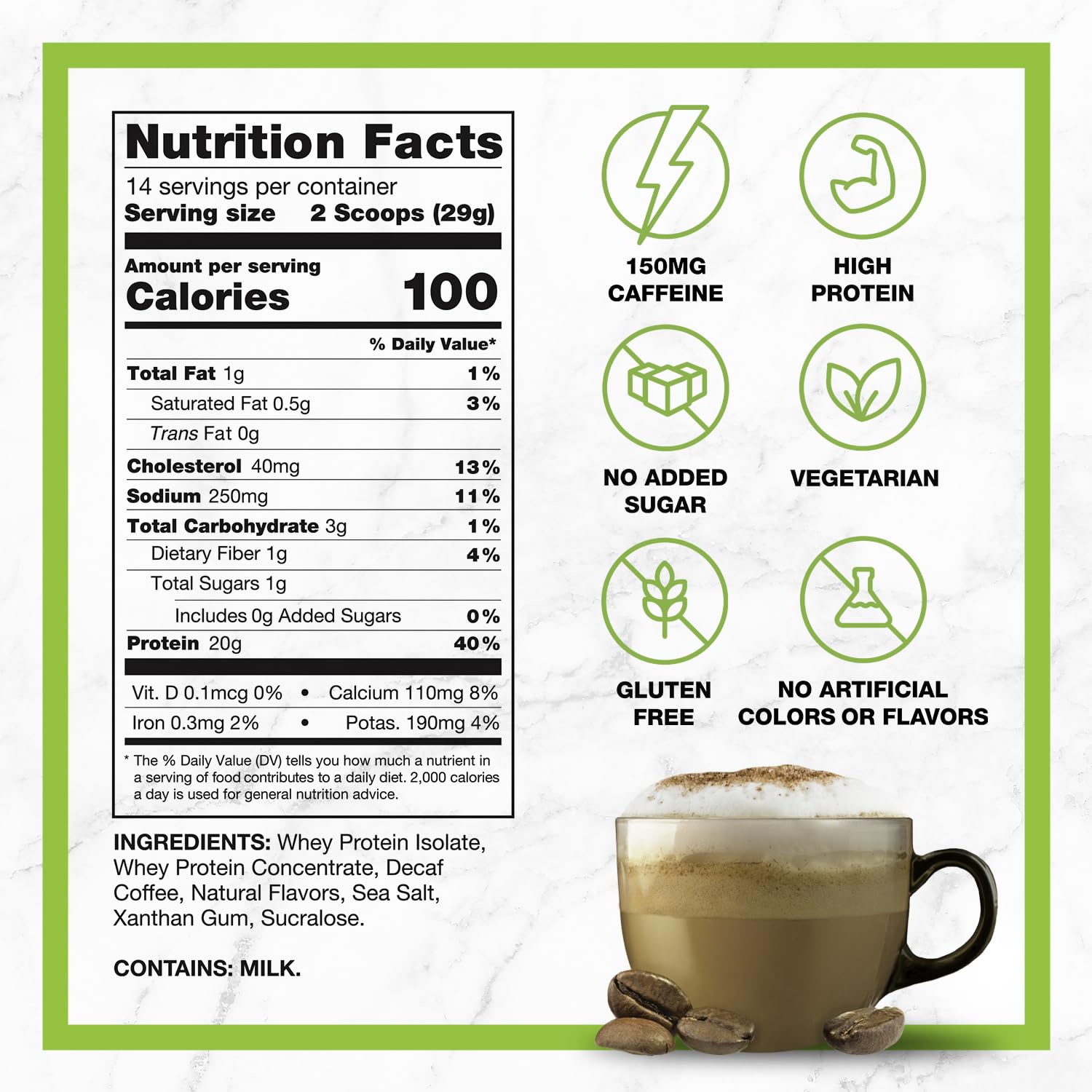 CHIKE Decaf Cappuccino Protein Coffee nutrition label shows 20g protein per serving.