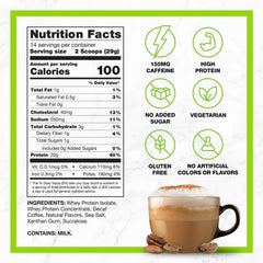 CHIKE Decaf Cappuccino Protein Coffee nutrition label shows 20g protein per serving.