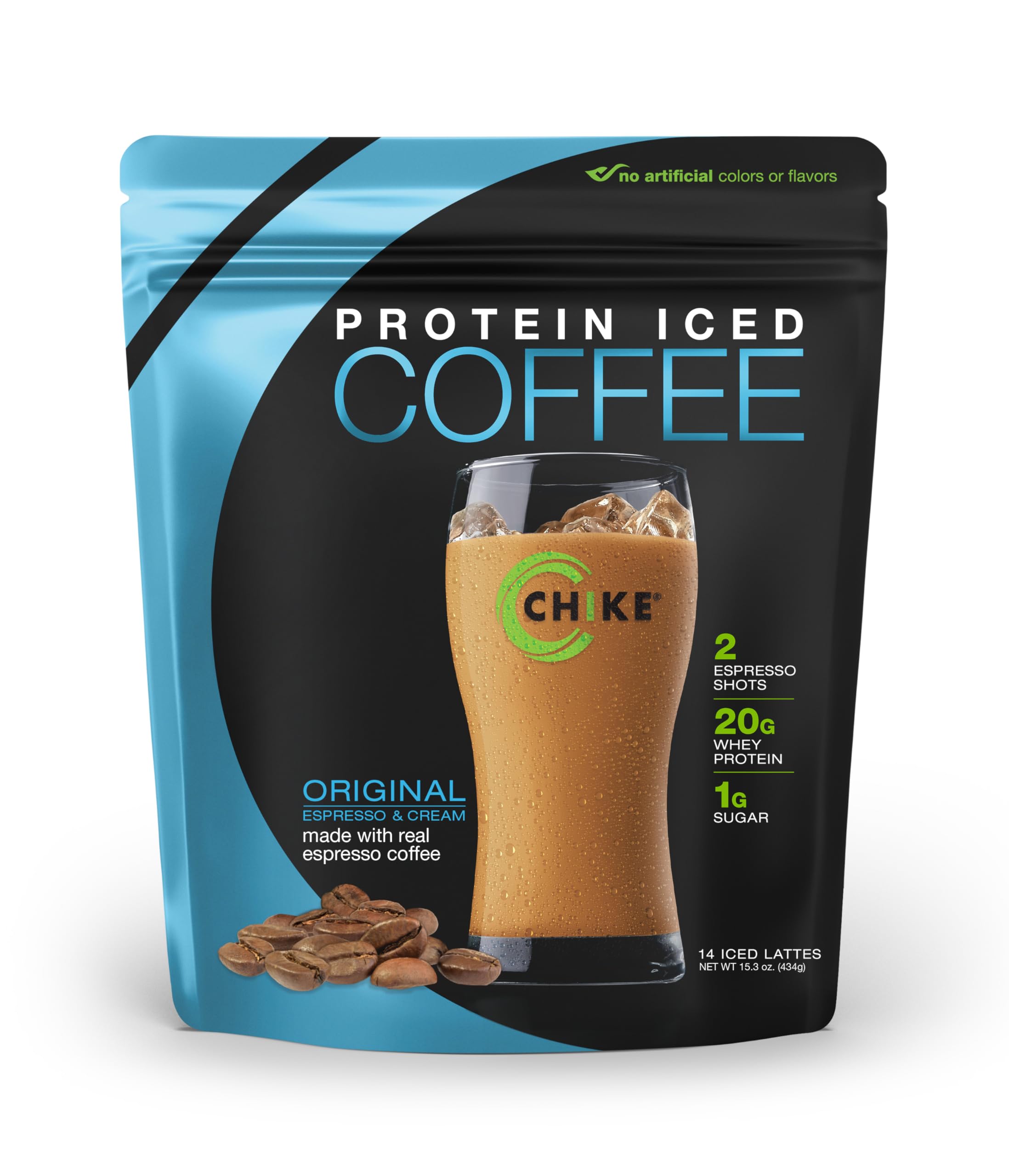 CHIKE High Protein Iced Coffee bottle label highlights protein and caffeine energy.