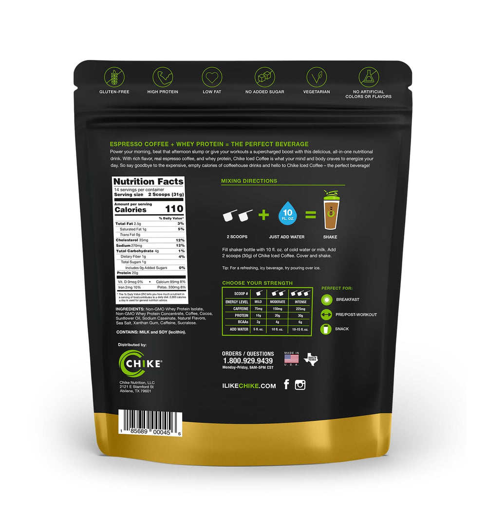 CHIKE iced coffee carton showing 20 g protein and 1 g sugar for busy days.