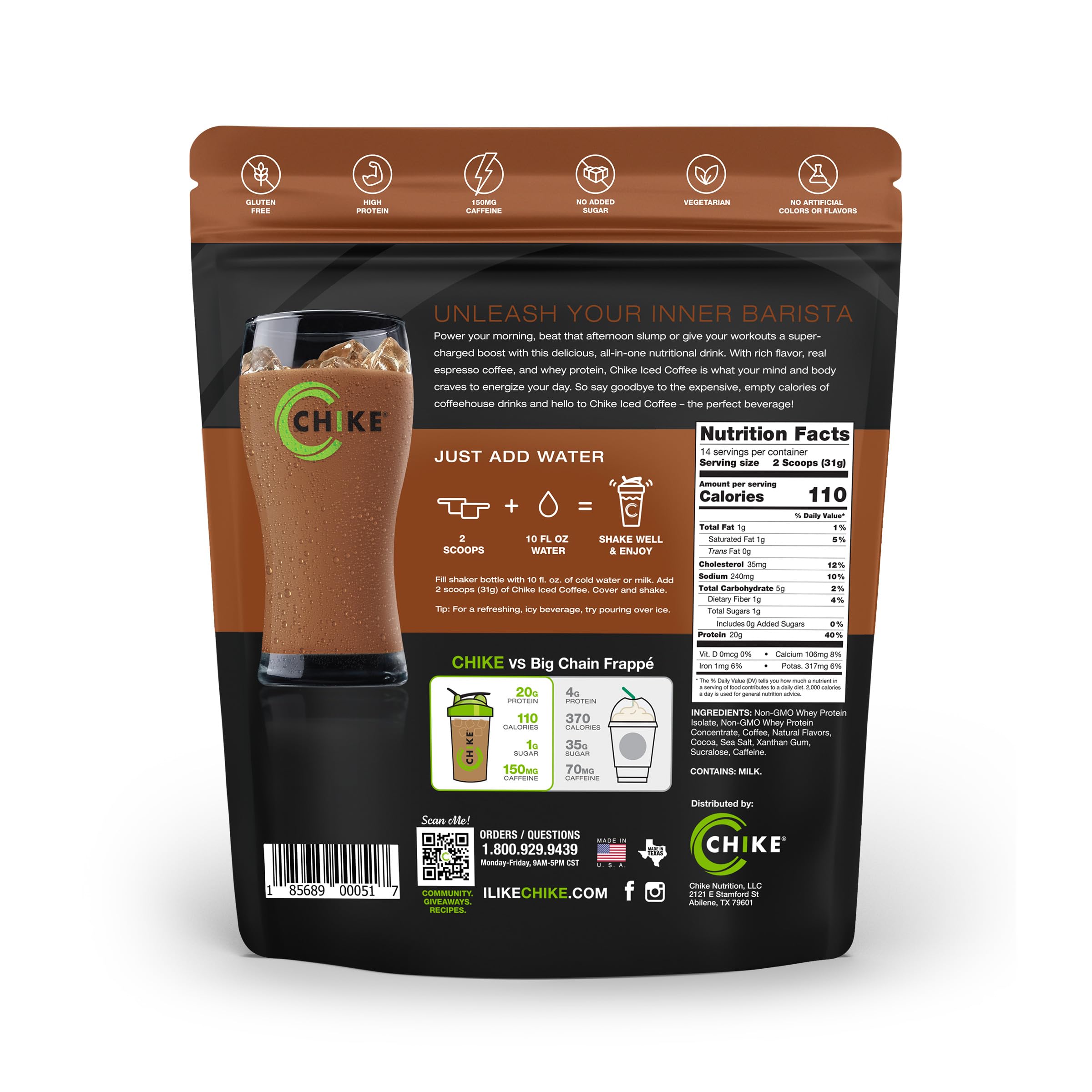 CHIKE mocha bottle close-up shows protein-rich blend for between-meal energy.