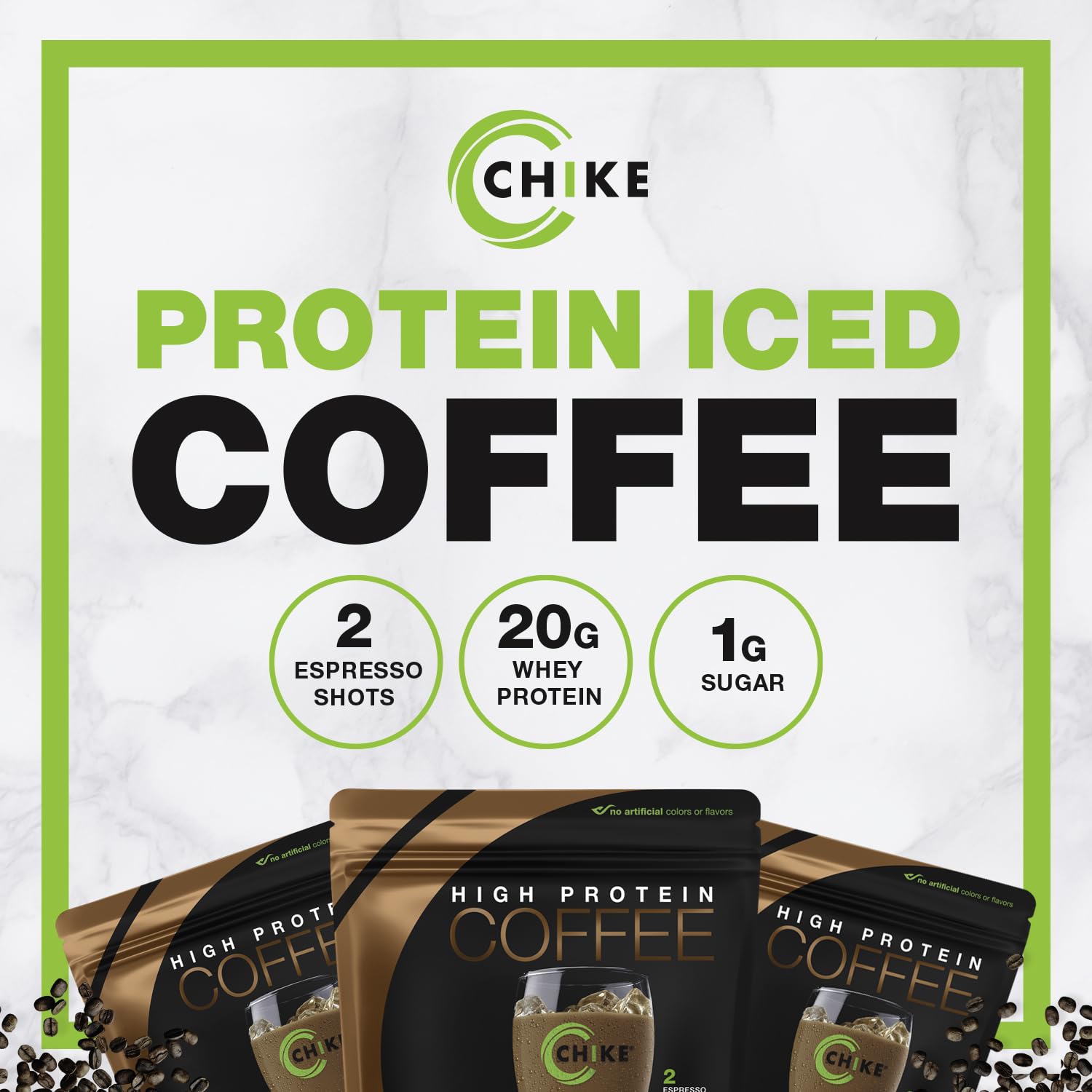 CHIKE glass-serve image emphasizes ready-to-drink convenience for workouts.