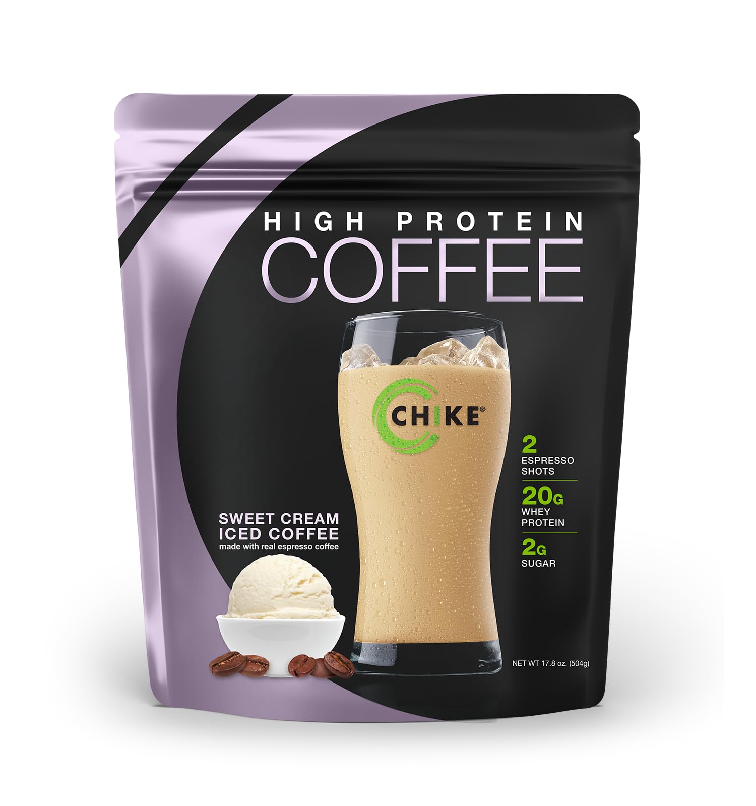 Chike Sweet Cream High Protein Iced Coffee bottle showing real espresso and protein boost.