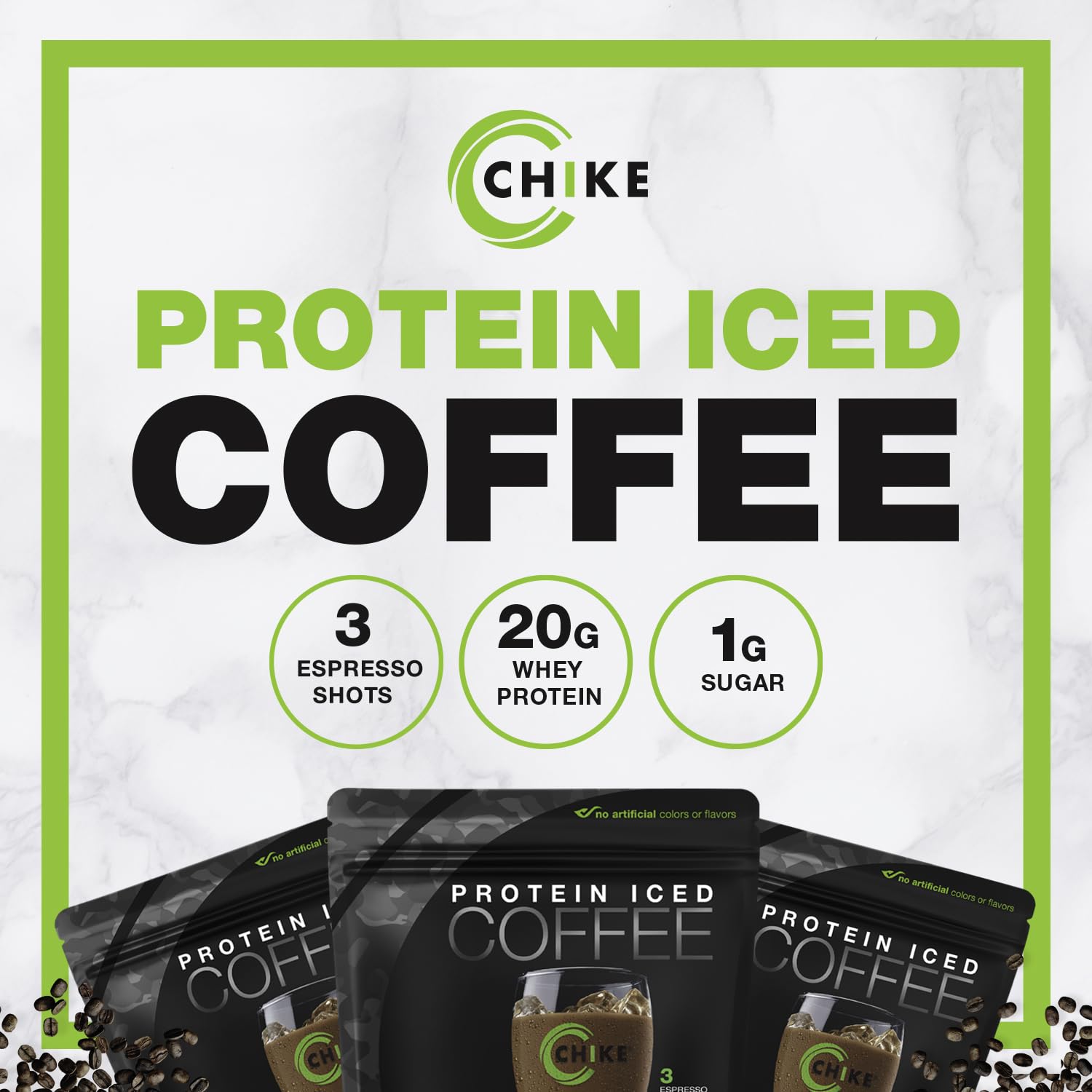 CHIKE Triple Shot Espresso & Cream protein swirl in glass suggests sustained energy.