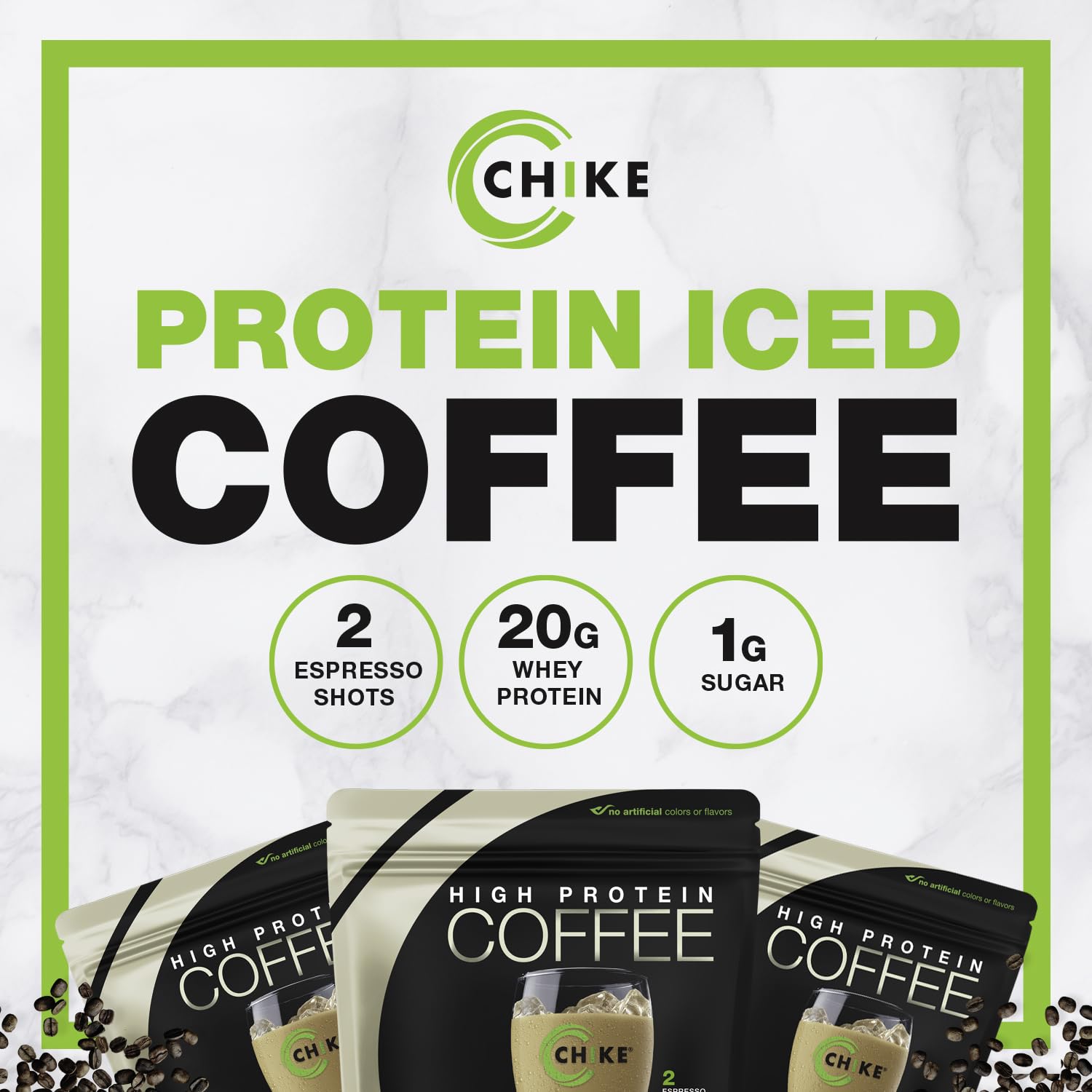 CHIKE Vanilla Protein Coffee nutrition label highlights sugar and protein values.