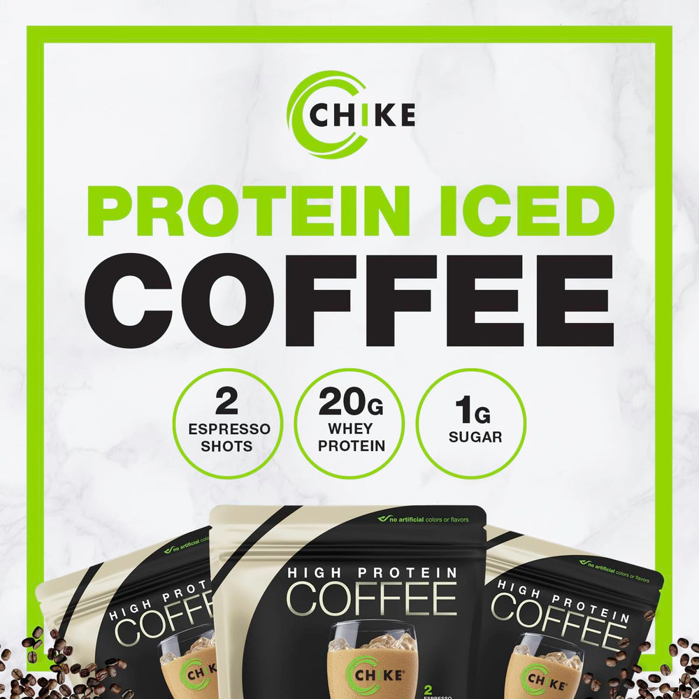 CHIKE Vanilla Protein Coffee nutrition label highlights sugar and protein values.