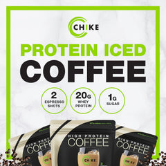 CHIKE Vanilla Protein Coffee nutrition label highlights sugar and protein values.