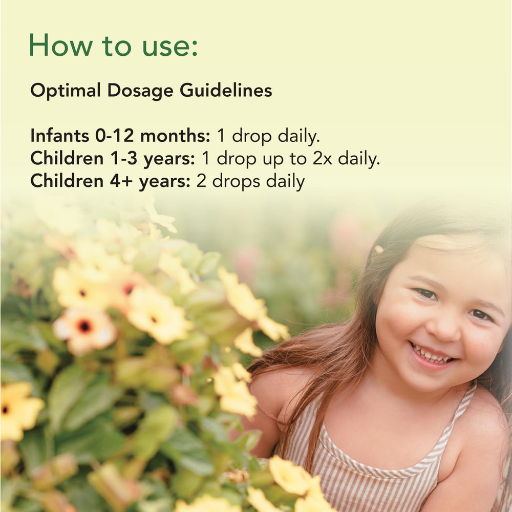 CHILDLIFE ESSENTIALS 0-12 month dosing illustration with one drop daily.