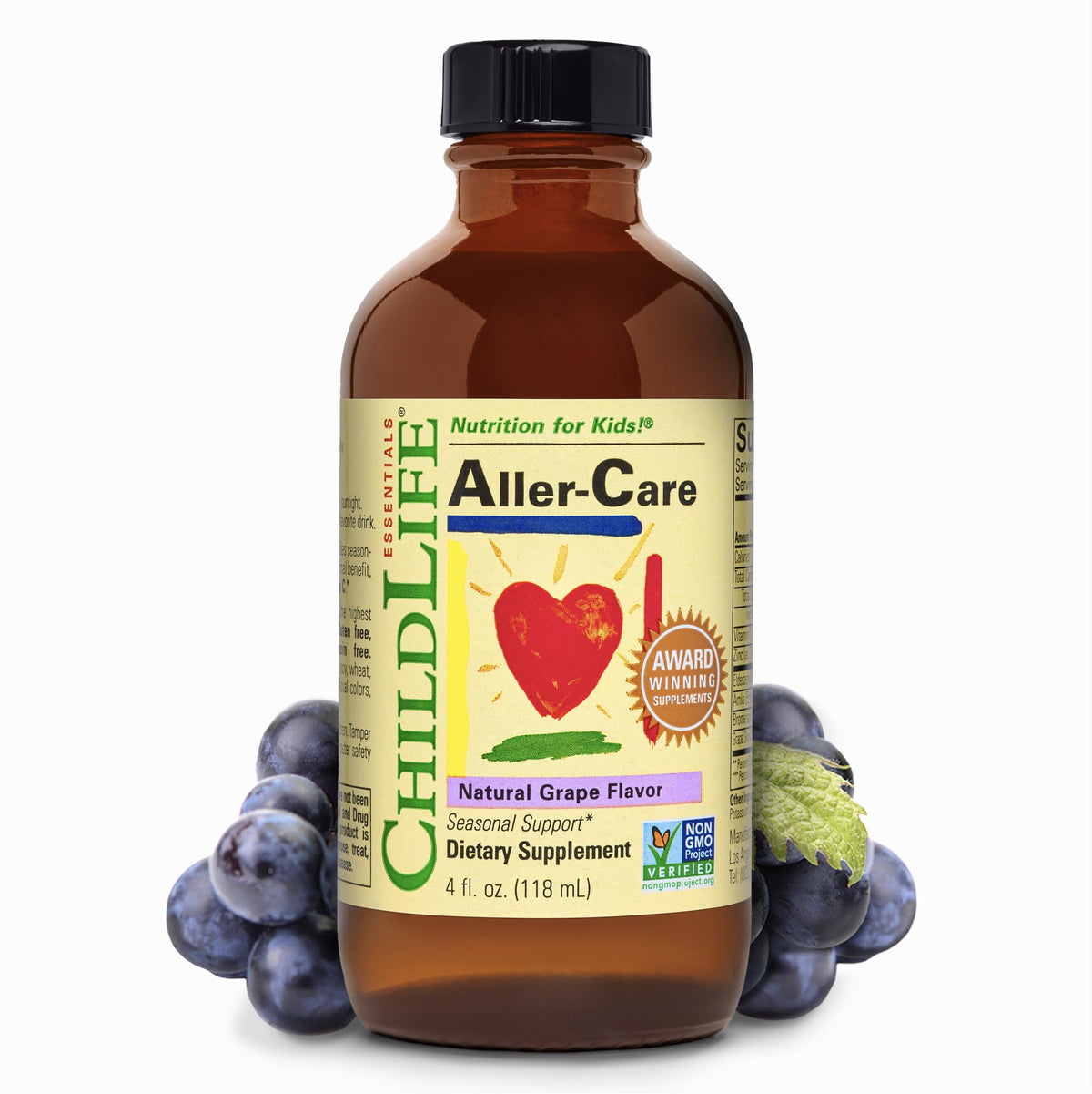 CHILDLIFE ESSENTIALS Aller-Care bottle front promotes kid-friendly grape relief for seasonal support