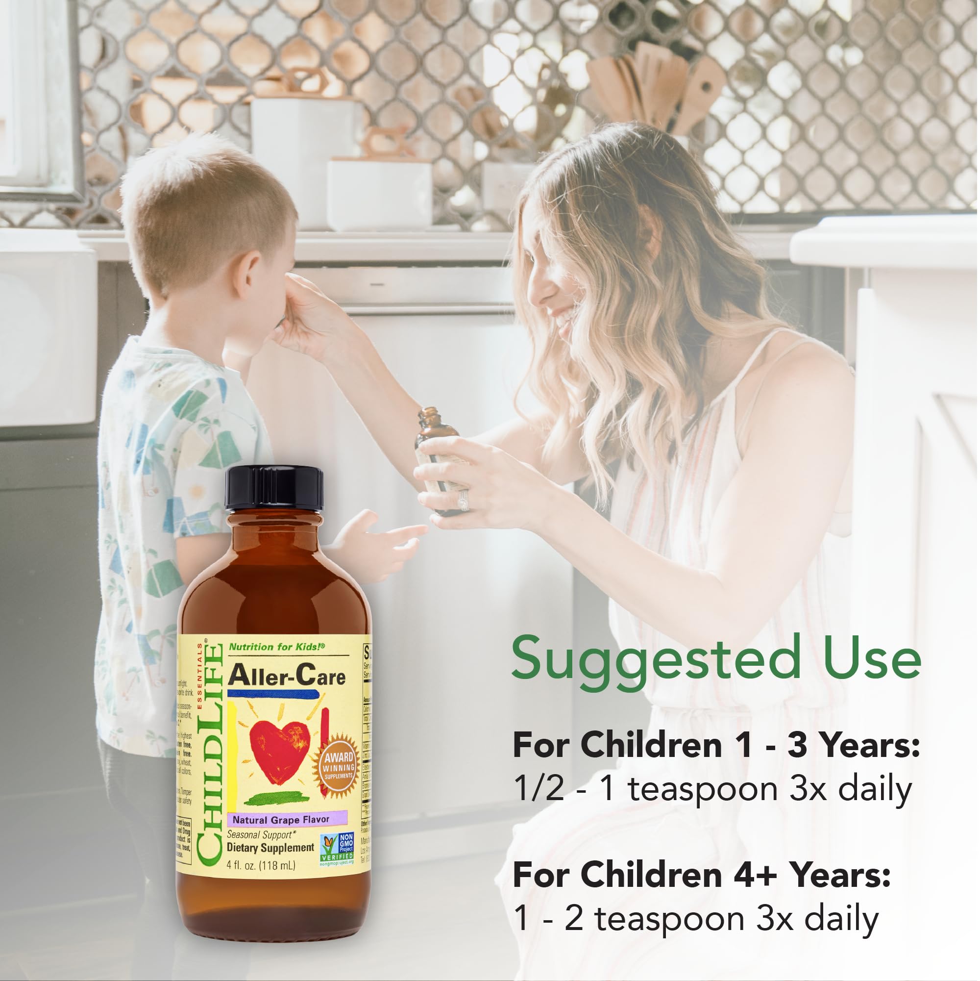 CHILDLIFE ESSENTIALS Aller-Care label close-up showcases elderberry and vitamin C ingredients