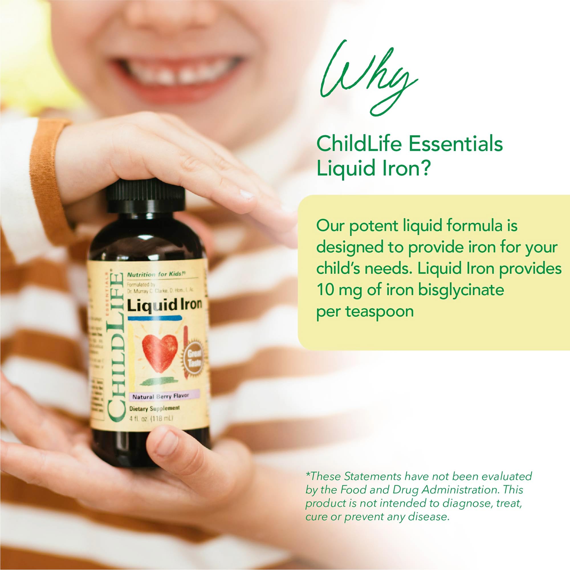 CHILDLIFE ESSENTIALS berry flavor iron drops entice kids during daily supplementation.
