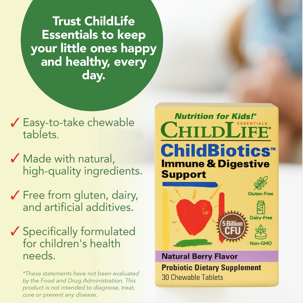 Pediatrician approved CHILDLIFE ESSENTIALS ChildBiotics seal