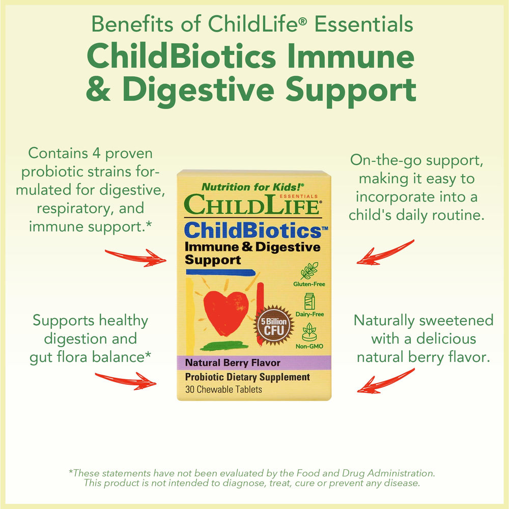 Tablets in hand showing age based dosing for CHILDLIFE ESSENTIALS ChildBiotics