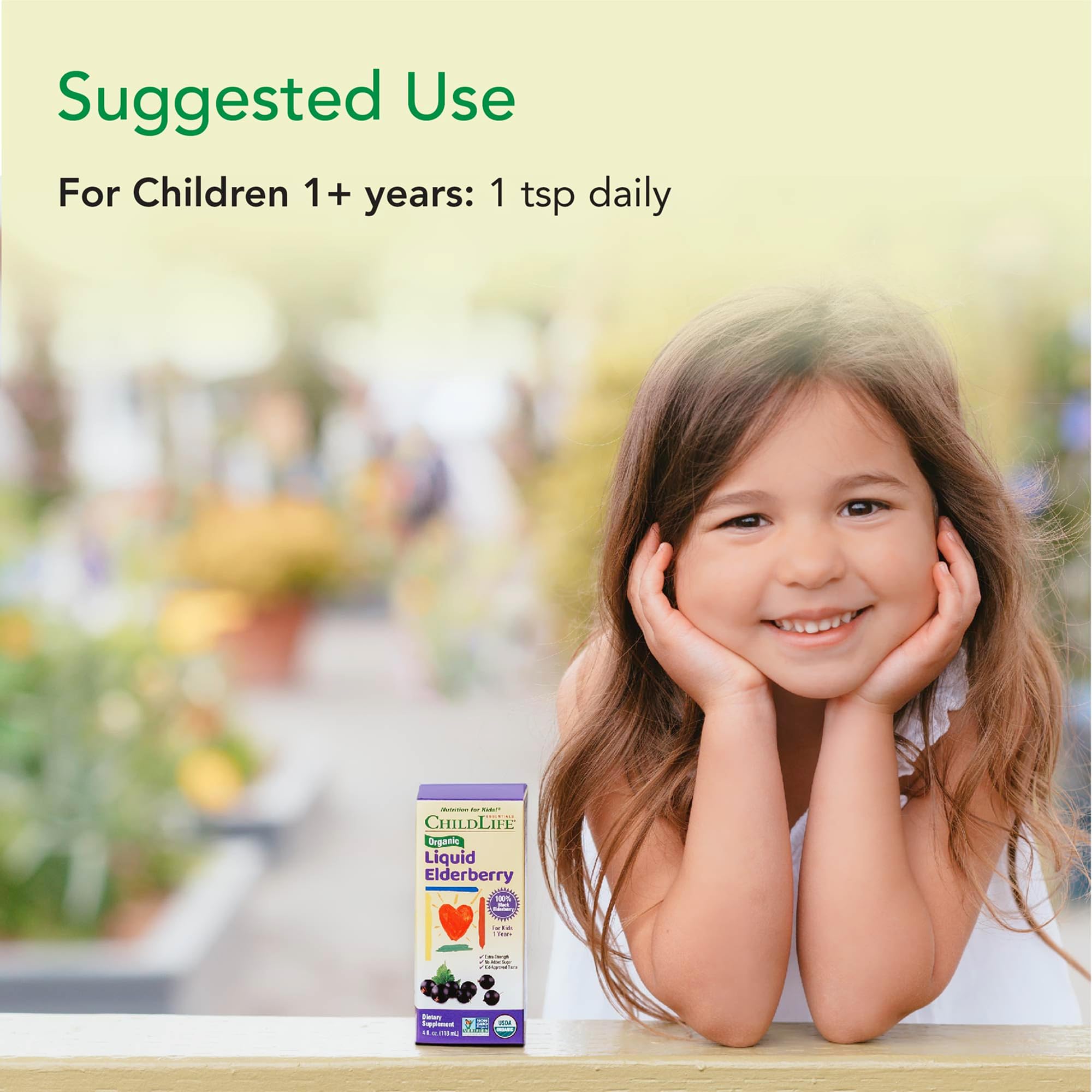 Dairy, nut, and gluten-free packaging for CHILDLIFE Essentials elderberry syrup.