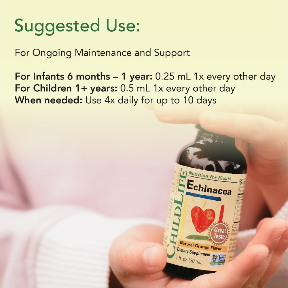 ChildLife Essentials Echinacea drops dosing cup shows pediatric guidelines.