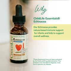 ChildLife Essentials Echinacea drops label highlights orange flavor and alcohol-free formula.