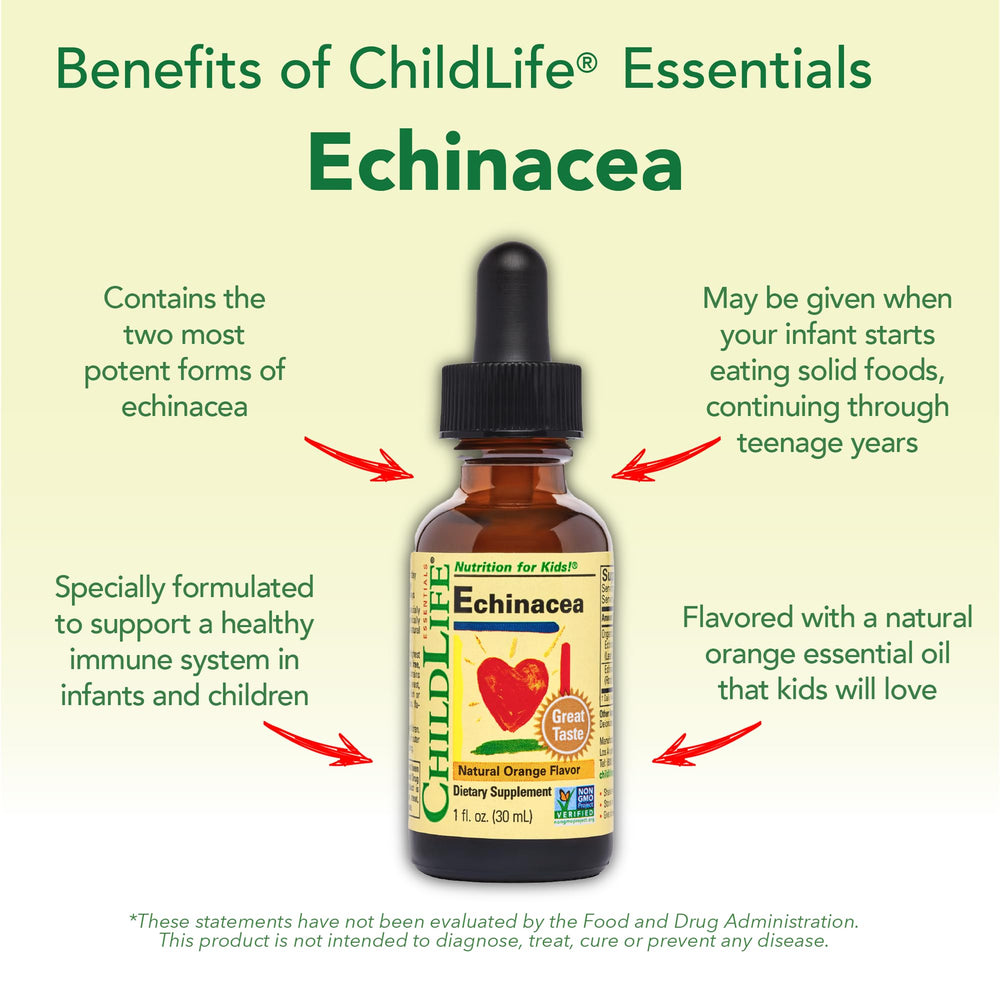 ChildLife Essentials Echinacea drops with orange scent, kid-friendly dosing.