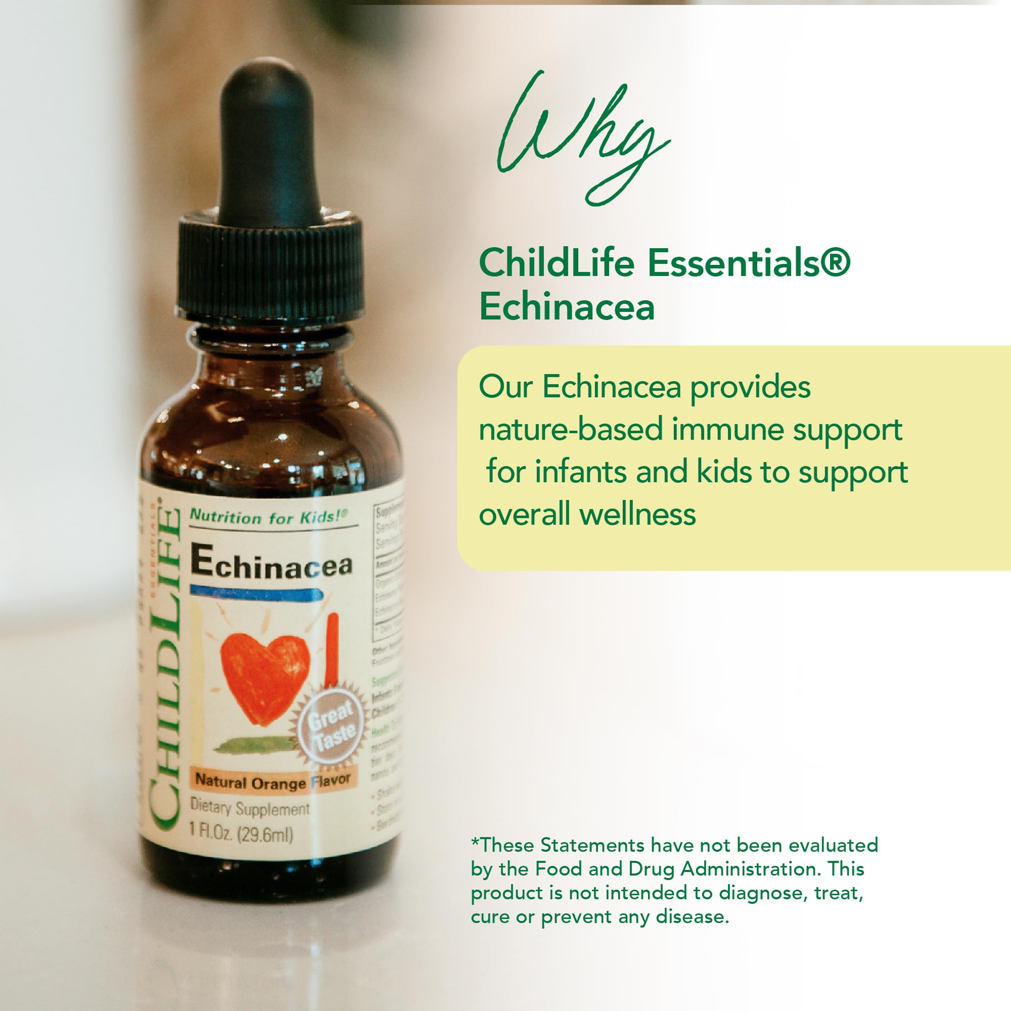 Alcohol-free CHILDLIFE Essentials Echinacea for Kids bottle shown beside a spoon for dosing.
