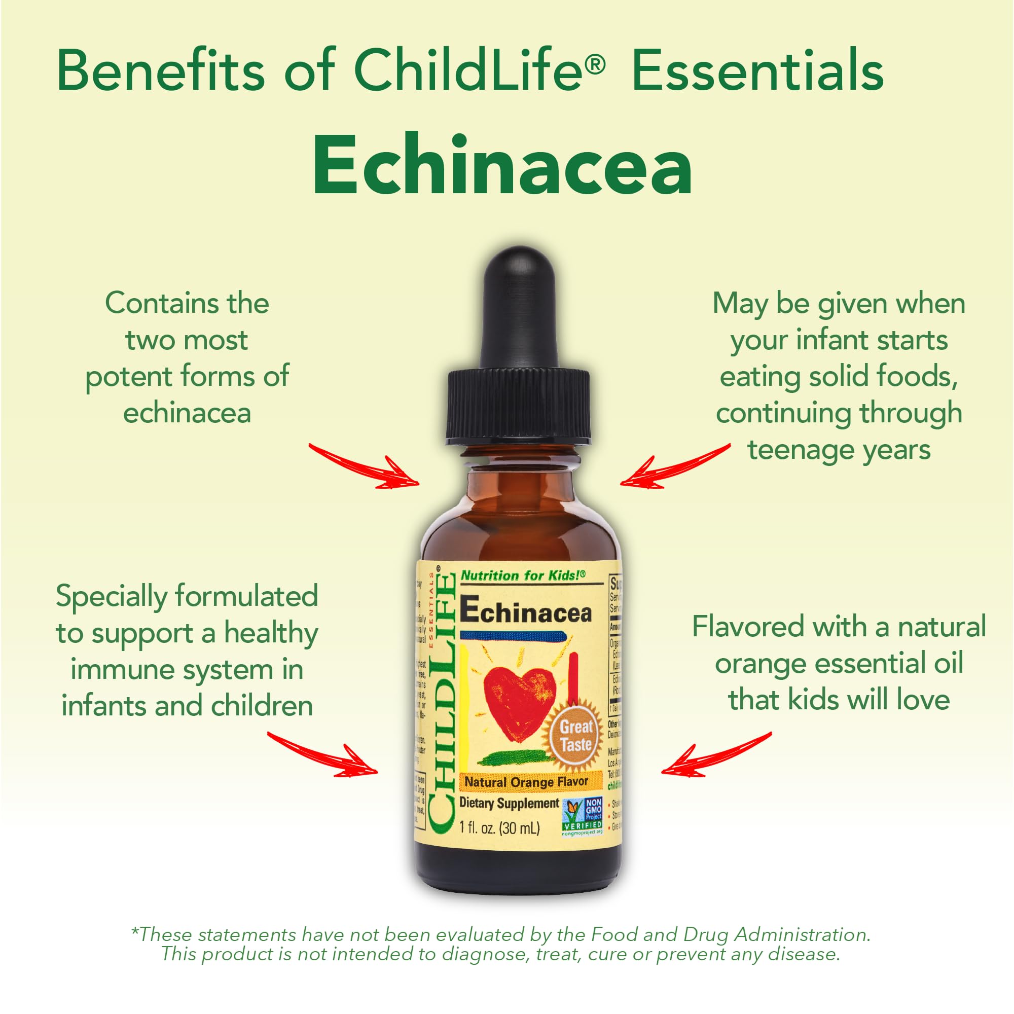 Clear CHILDLIFE Echinacea for Kids dosage chart on bottle label for age-based dosing.