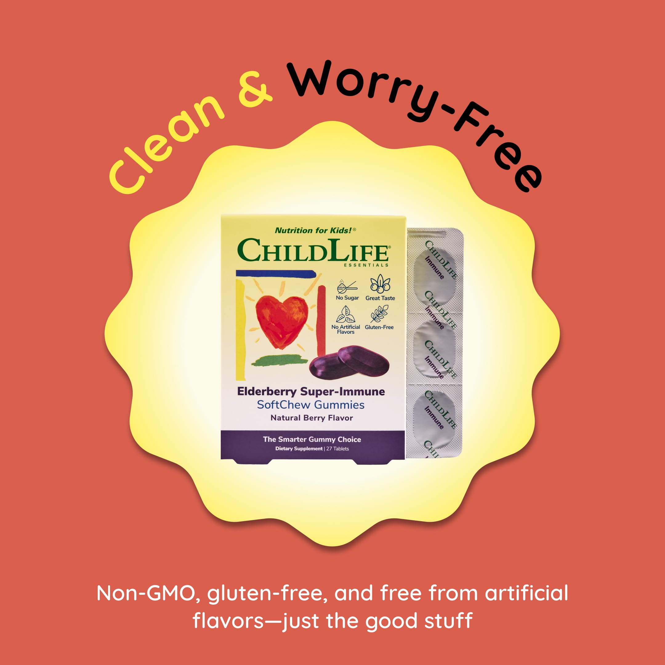 Packaging label for CHILDLIFE ESSENTIALS Elderberry SoftChew shows berry flavor and dosage guidance.