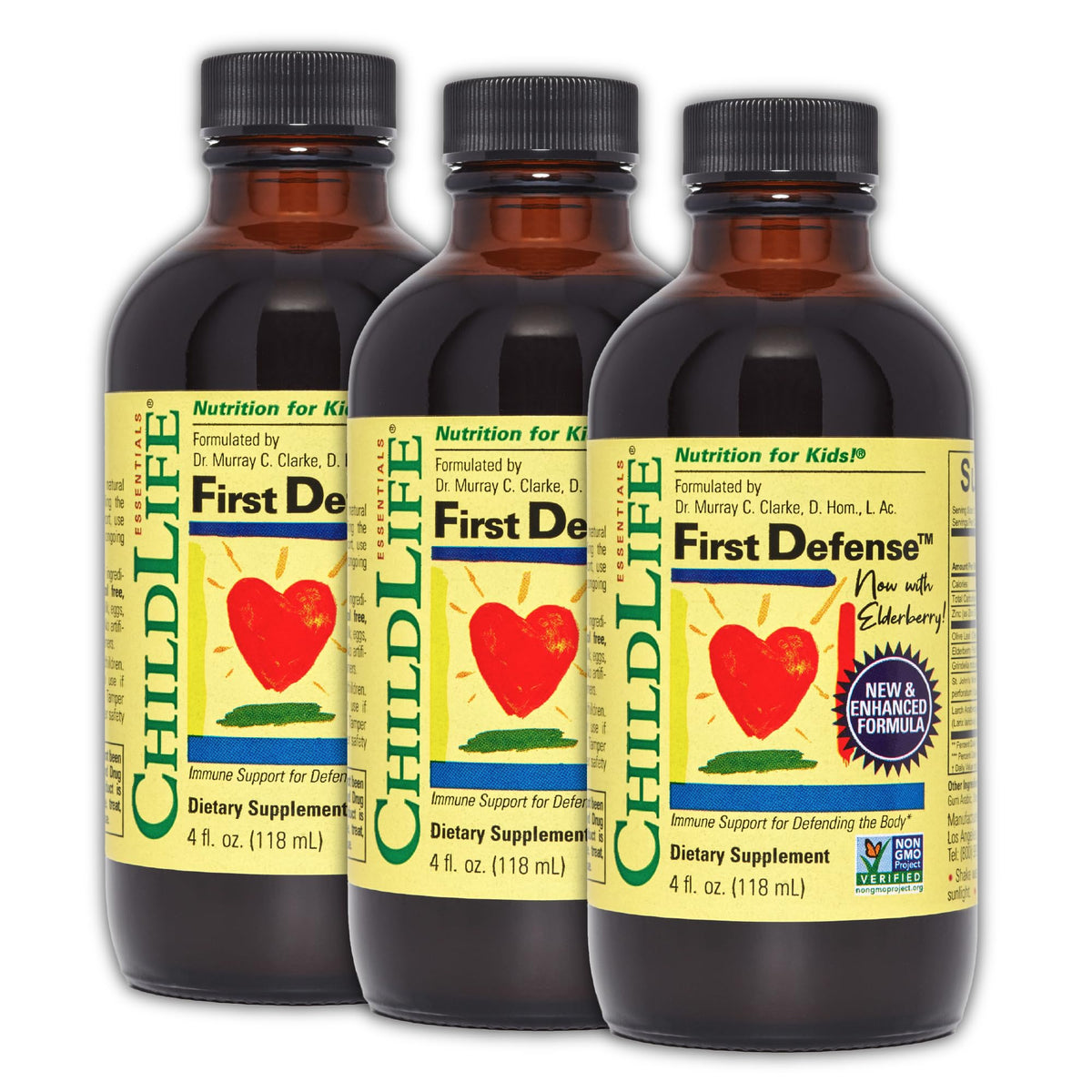 CHILDLIFE ESSENTIALS First Defense bottle label highlights gluten-free immune support for kids