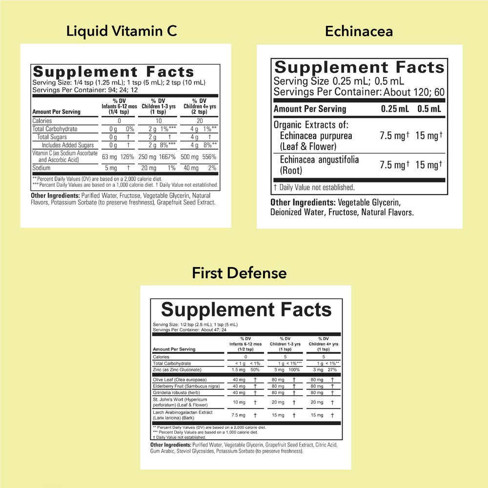CHILDLIFE ESSENTIALS First Defense liquid bottle for immune defense in toddlers.