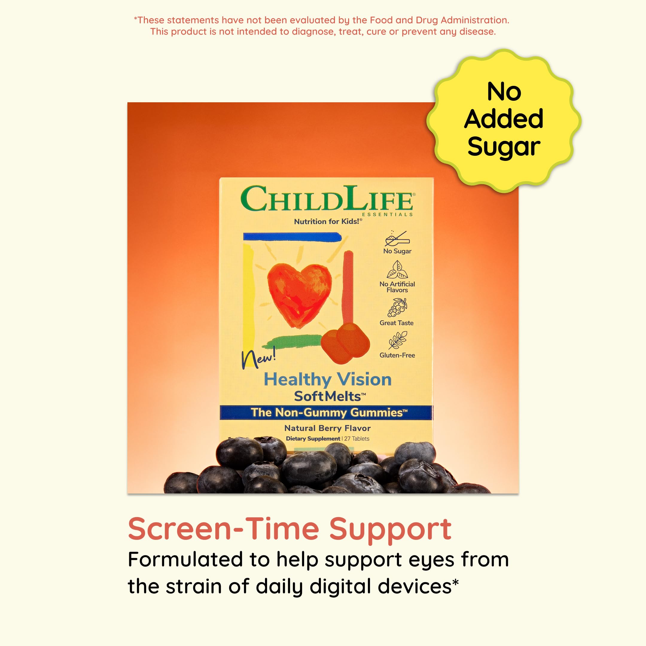 CHILDLIFE ESSENTIALS Healthy Vision SoftMelt natural sugar-free berry flavor makes daily vitamins enjoyable.