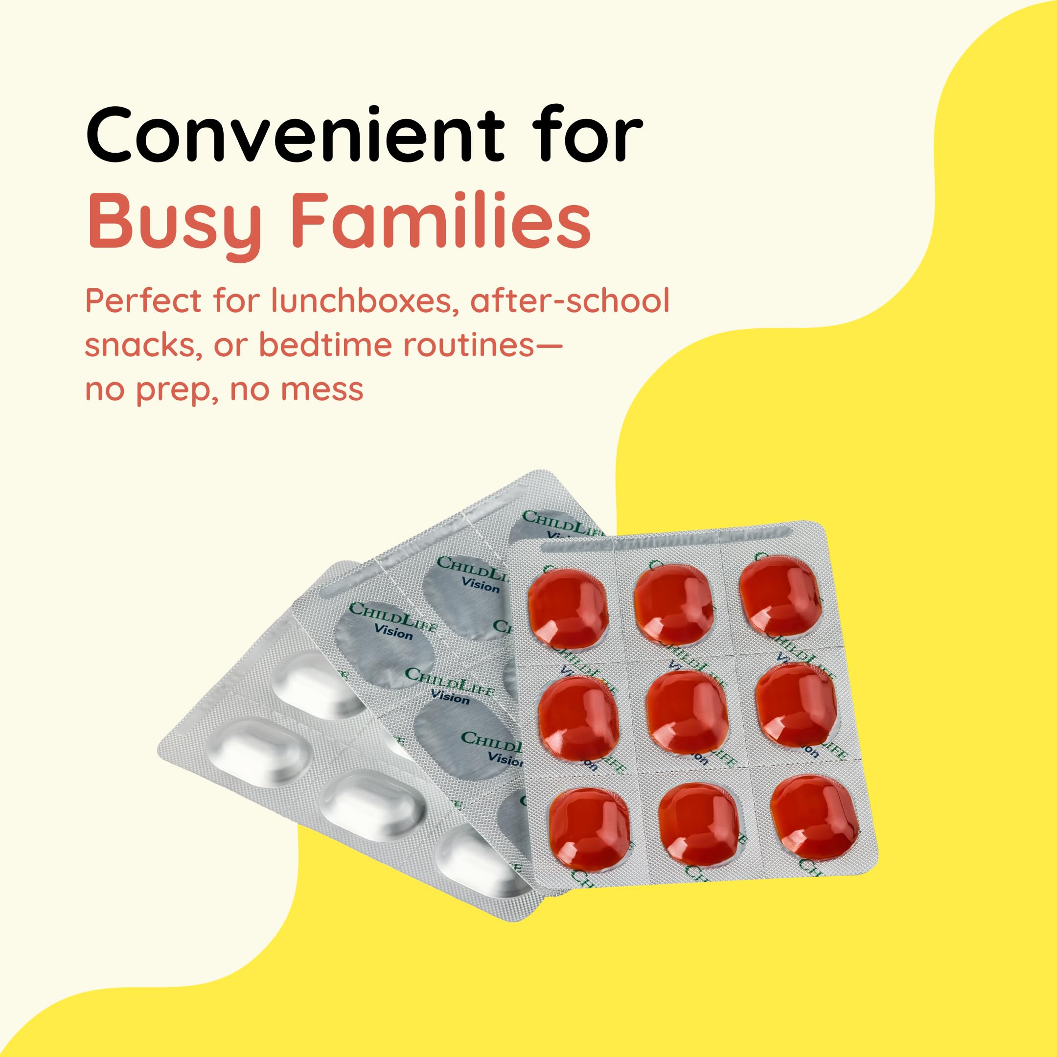 CHILDLIFE ESSENTIALS Healthy Vision SoftMelt berry-flavored gummies fit after-school snack time.
