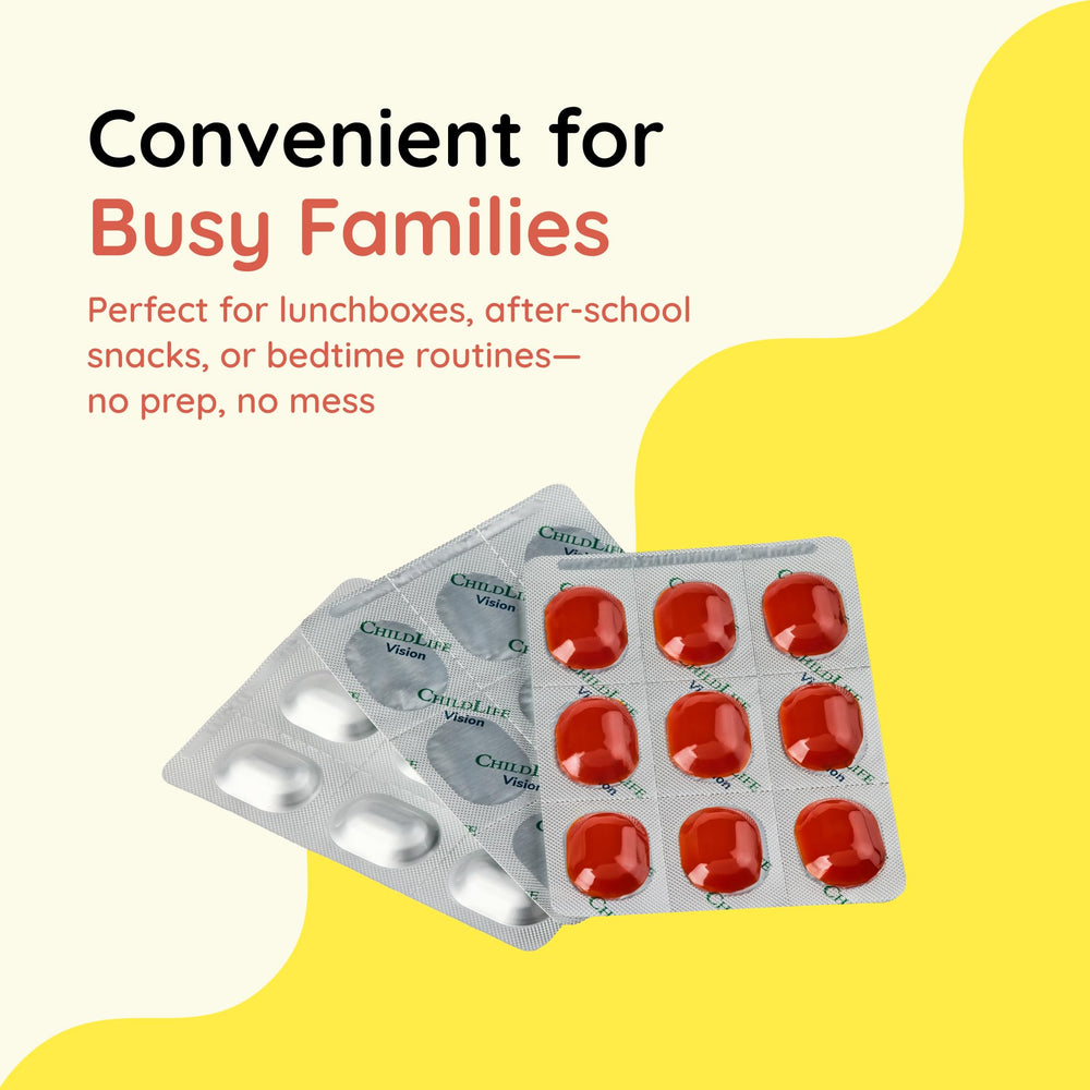 CHILDLIFE ESSENTIALS Healthy Vision SoftMelt berry-flavored gummies fit after-school snack time.