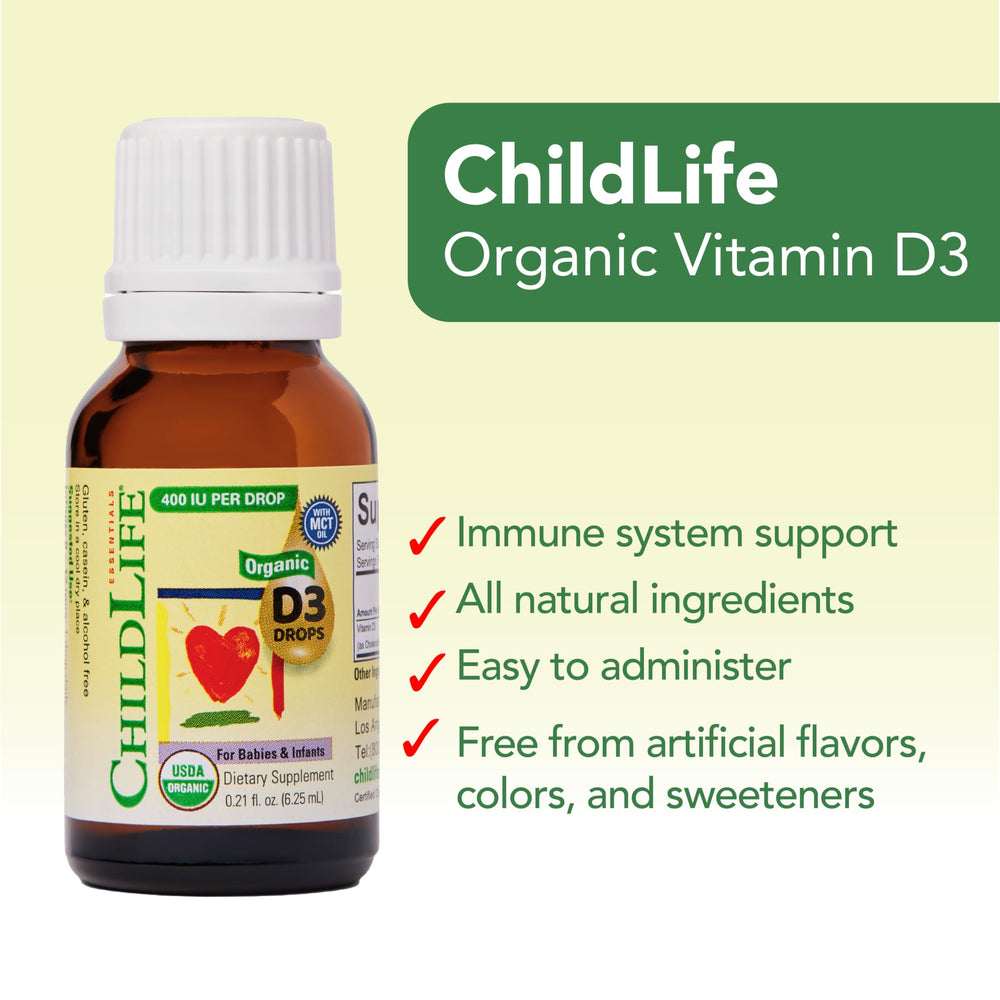 CHILDLIFE ESSENTIALS packaging emphasizes immune health and bone support features.