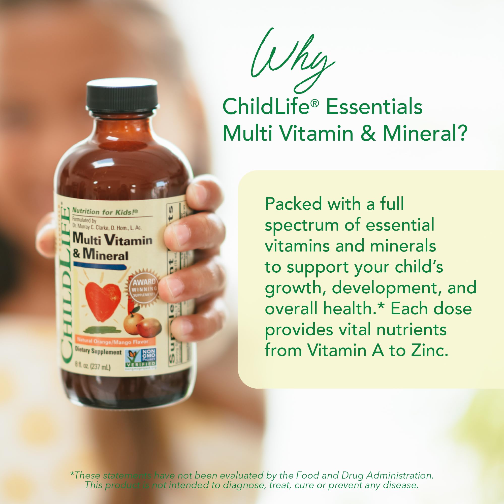 CHILDLIFE ESSENTIALS Kids Multivitamin label closeup highlights essential vitamins.