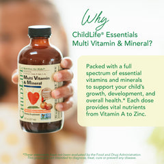 CHILDLIFE ESSENTIALS Kids Multivitamin label closeup highlights essential vitamins.