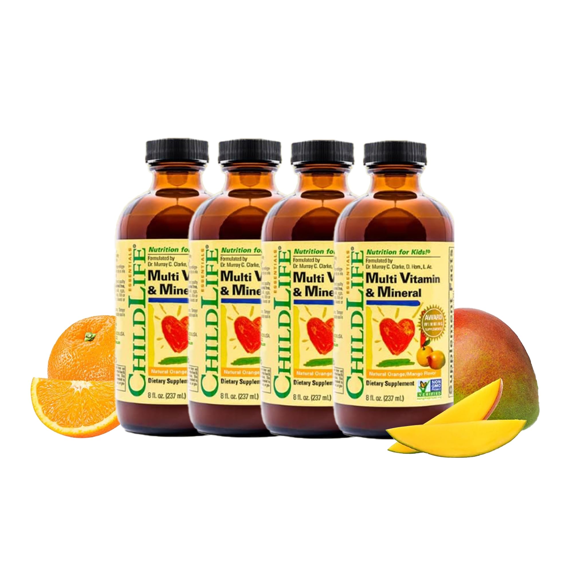 CHILDLIFE ESSENTIALS Kids Multivitamin orange mango bottle shows kid-friendly nutrition support.