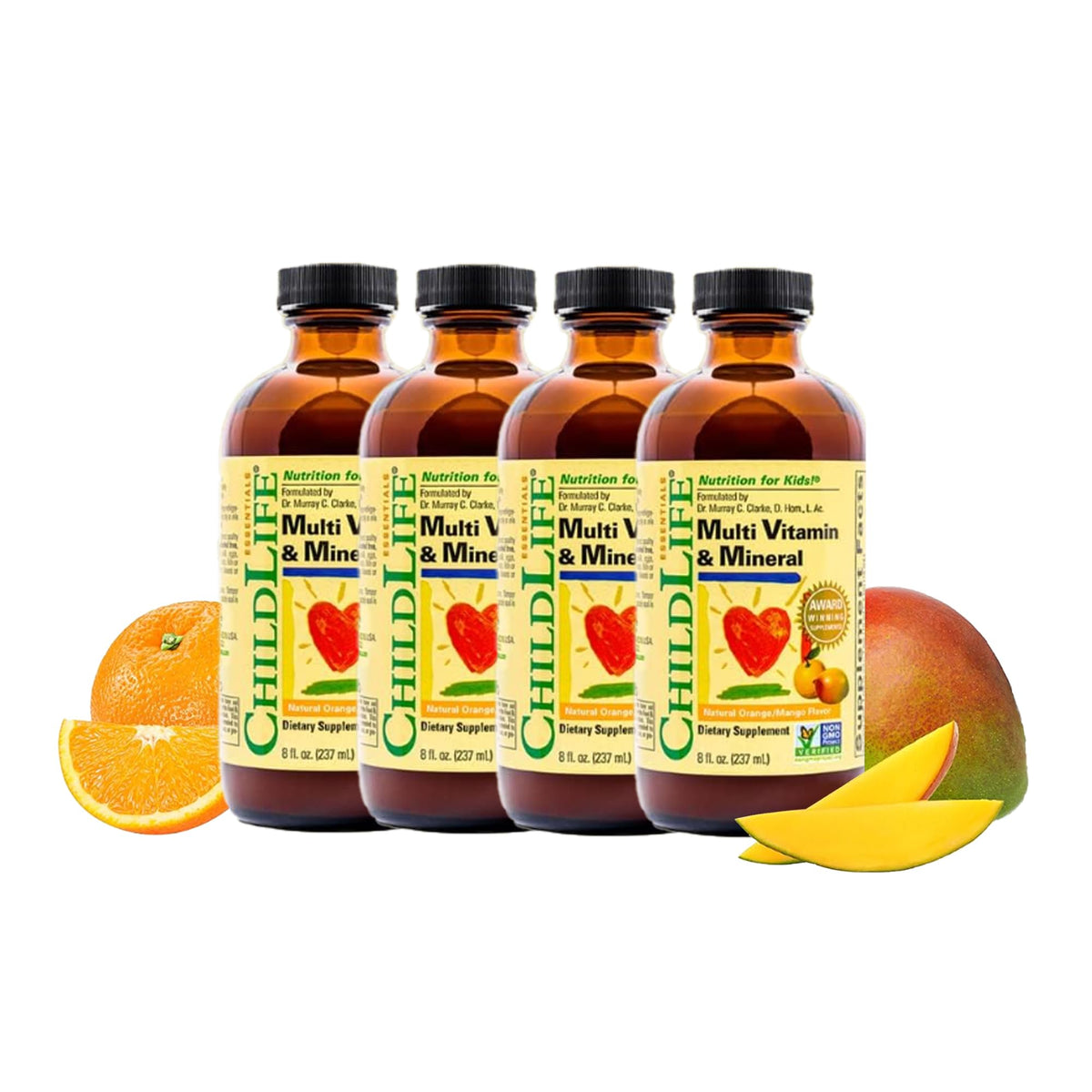 CHILDLIFE ESSENTIALS Kids Multivitamin orange mango bottle shows kid-friendly nutrition support.