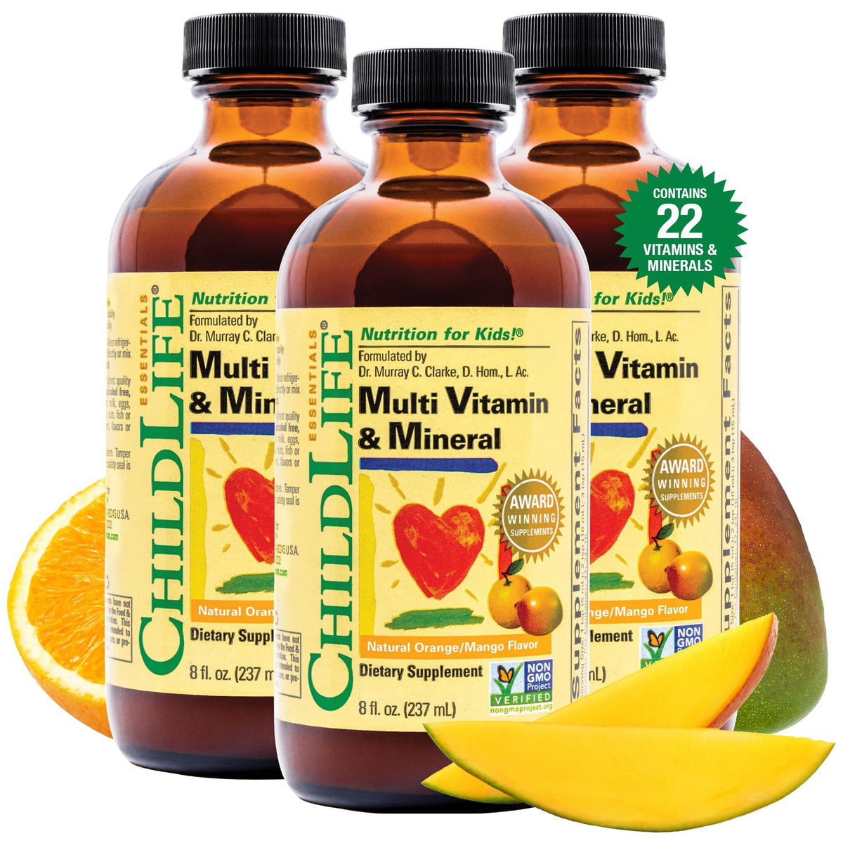 CHILDLIFE Essentials Kids Multivitamin orange-mango bottle for daily nutrition.