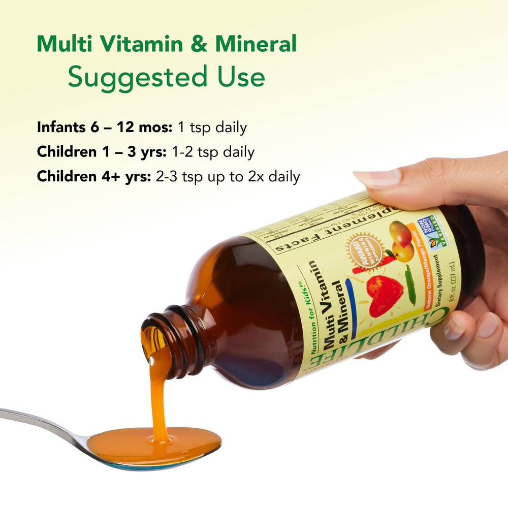 CHILDLIFE ESSENTIALS Kids Multivitamin orange-mango splash evokes tasty daily doses.
