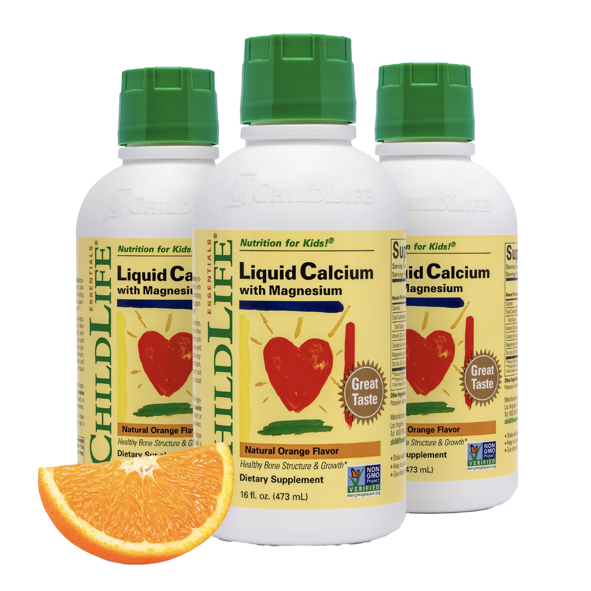 CHILDLIFE ESSENTIALS orange-flavor liquid calcium bottle supports kid-friendly bone health.