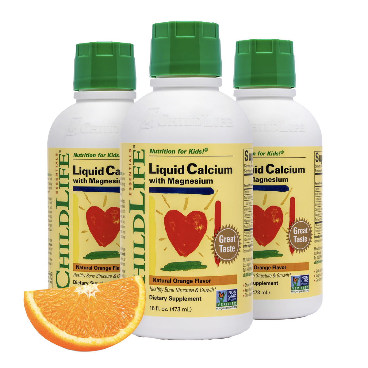 CHILDLIFE ESSENTIALS orange-flavor liquid calcium bottle supports kid-friendly bone health.