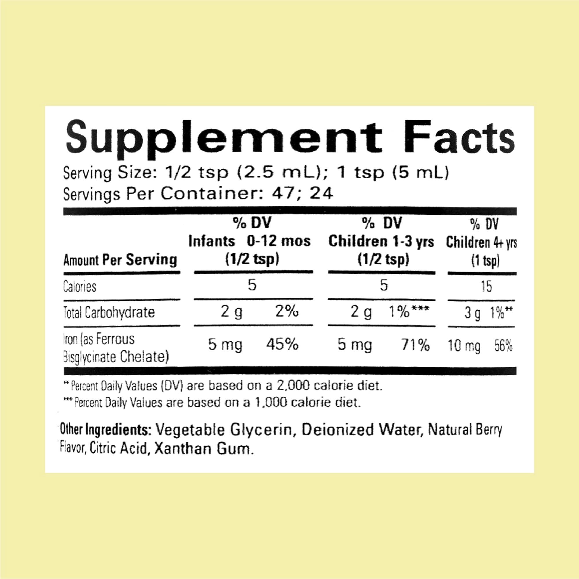 CHILDLIFE ESSENTIALS infant drops shown with half-teaspoon dosing for 0–12 months.