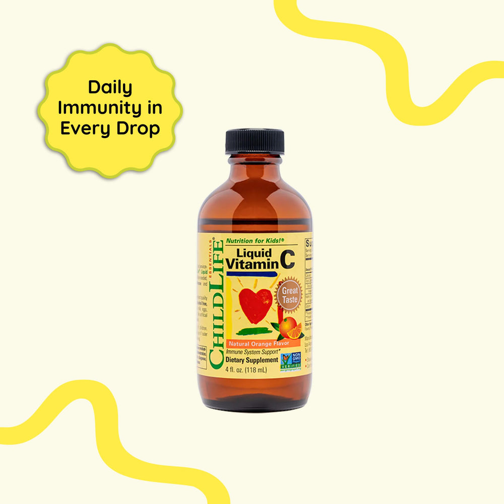 ChildLife Essentials Liquid Vitamin C orange-flavored liquid in a glass, delicious taste for easy dosing.