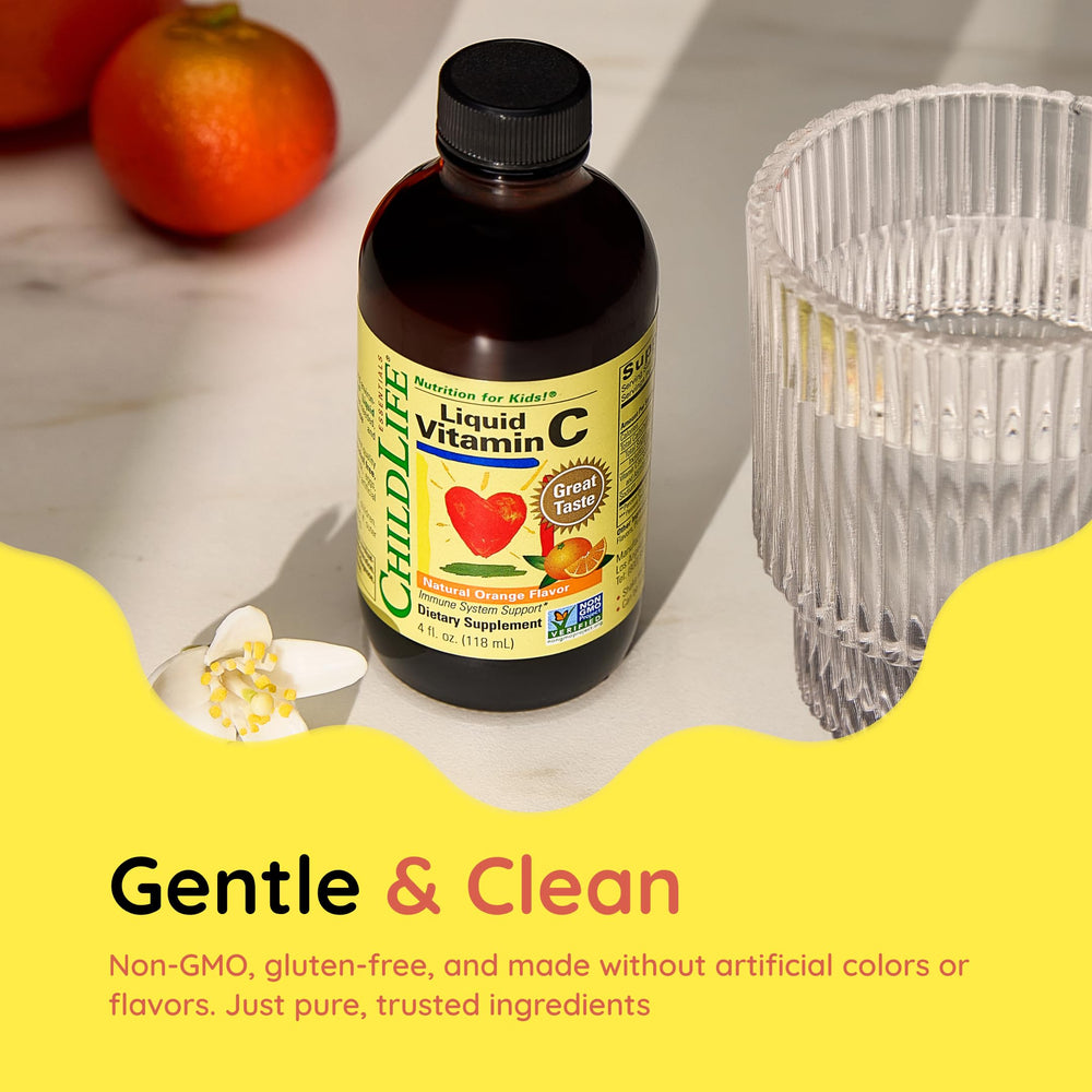 ChildLife Essentials Liquid Vitamin C packaging front highlighting non-GMO and allergen-free formula.