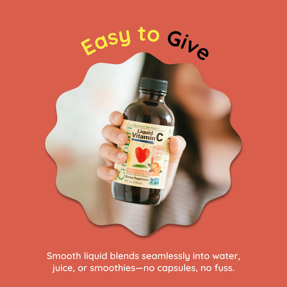 ChildLife Essentials Liquid Vitamin C bottle being poured into a spoon for easy dosing.