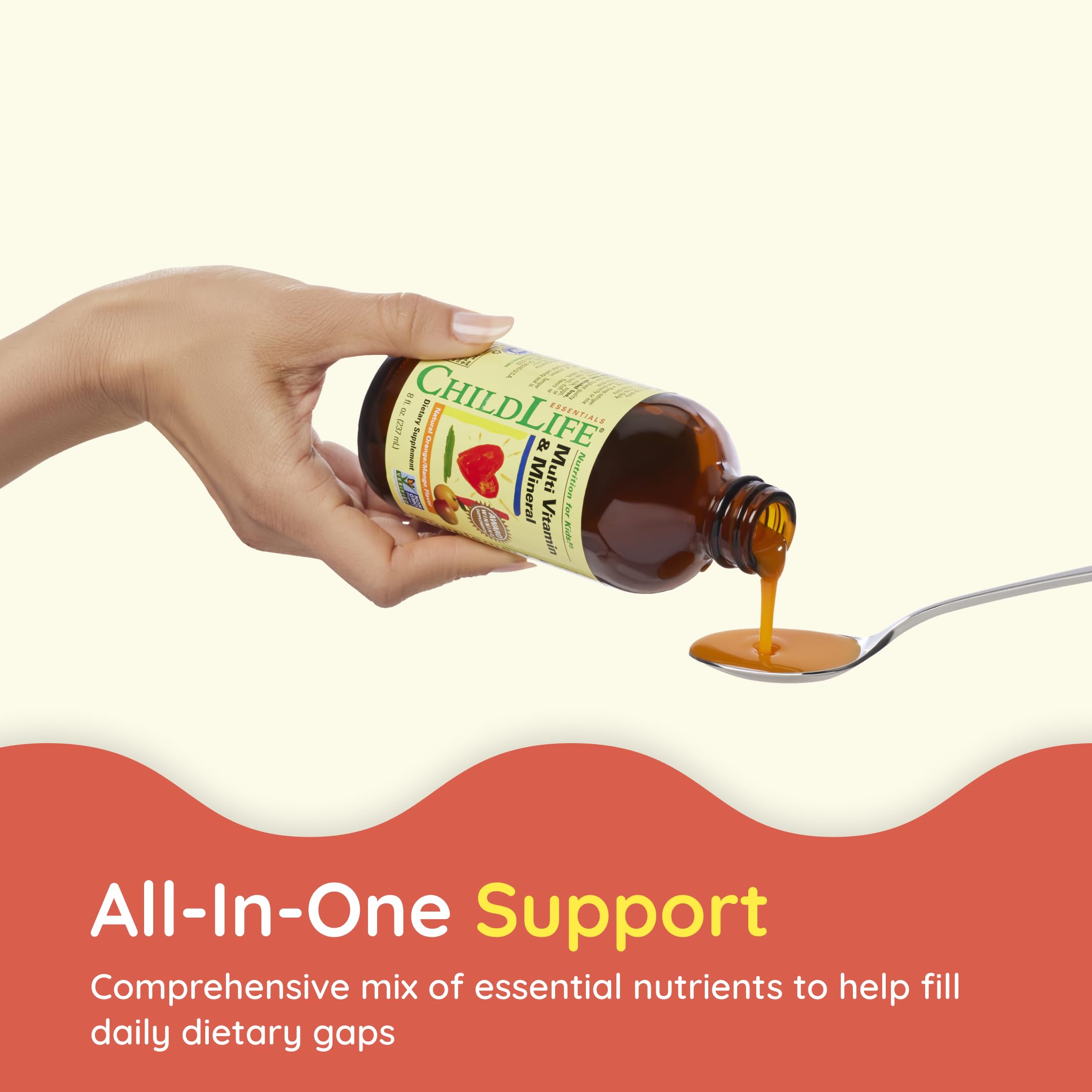CHILDLIFE ESSENTIALS natural orange mango flavor label highlights kid-friendly taste